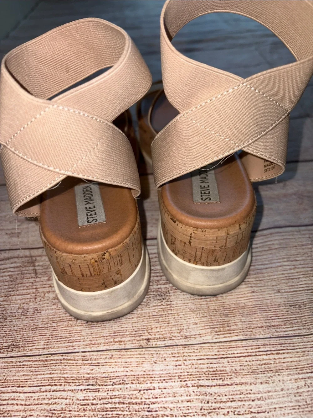 Steve Madden Beige Elastic-Strap Wedge Sandals Size 8M